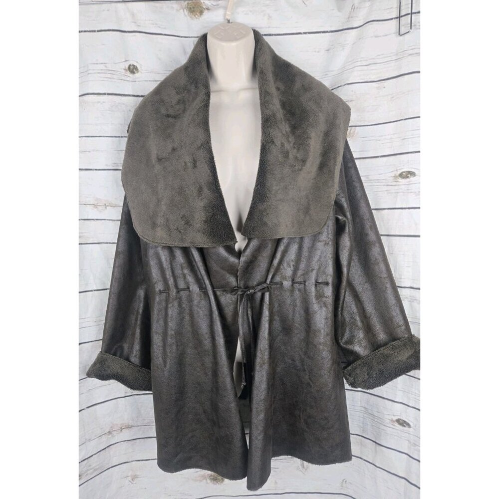 Sundance Brown Faux Suede Jacket L Collared Shearling Fleece Tie Front